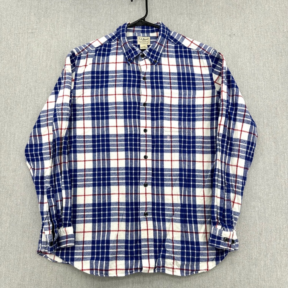 LL Bean Button Down Mens Large Blue White Plaid Traditional Fit Flannel Shirt